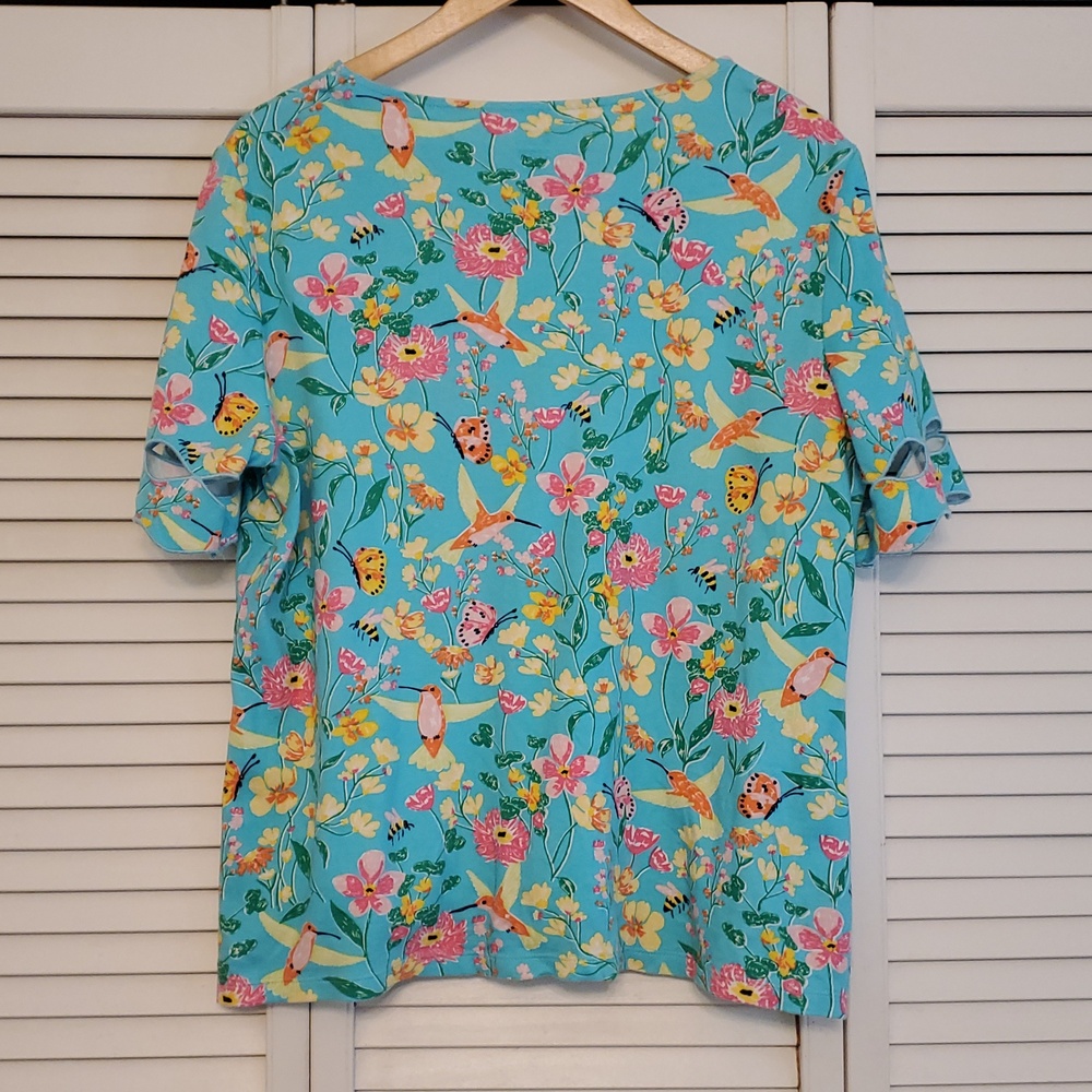 Kim Rogers Cotton Turquoise Hummingbird Top, Size Large - Picture 3 of 5
